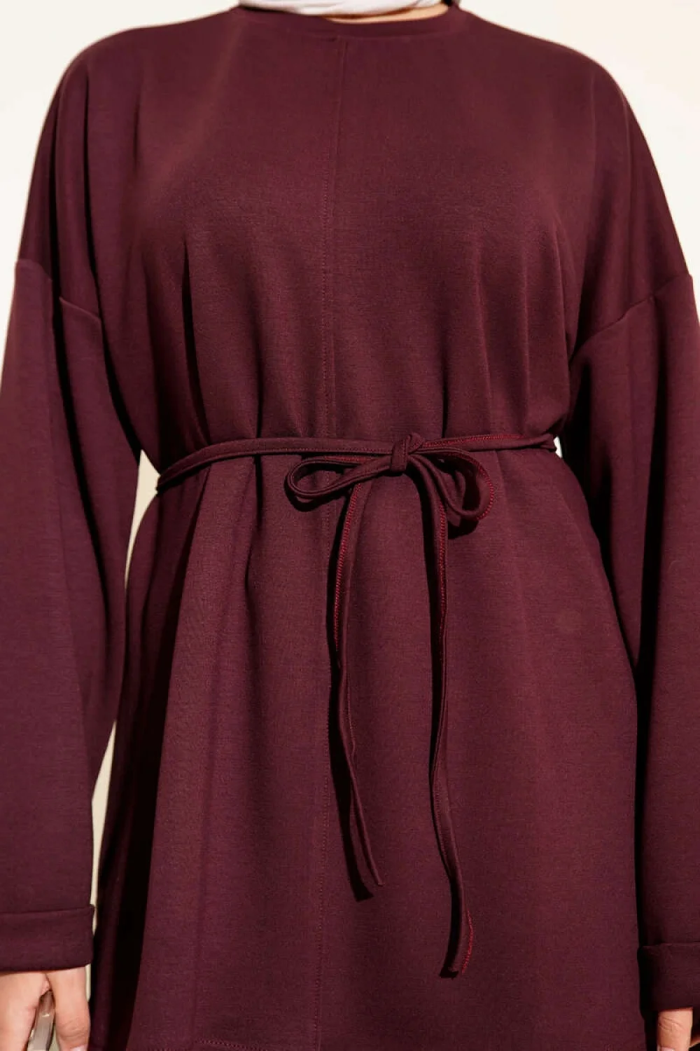 Bisiklet Yaka İp Kuşaklı Tunik Bordo