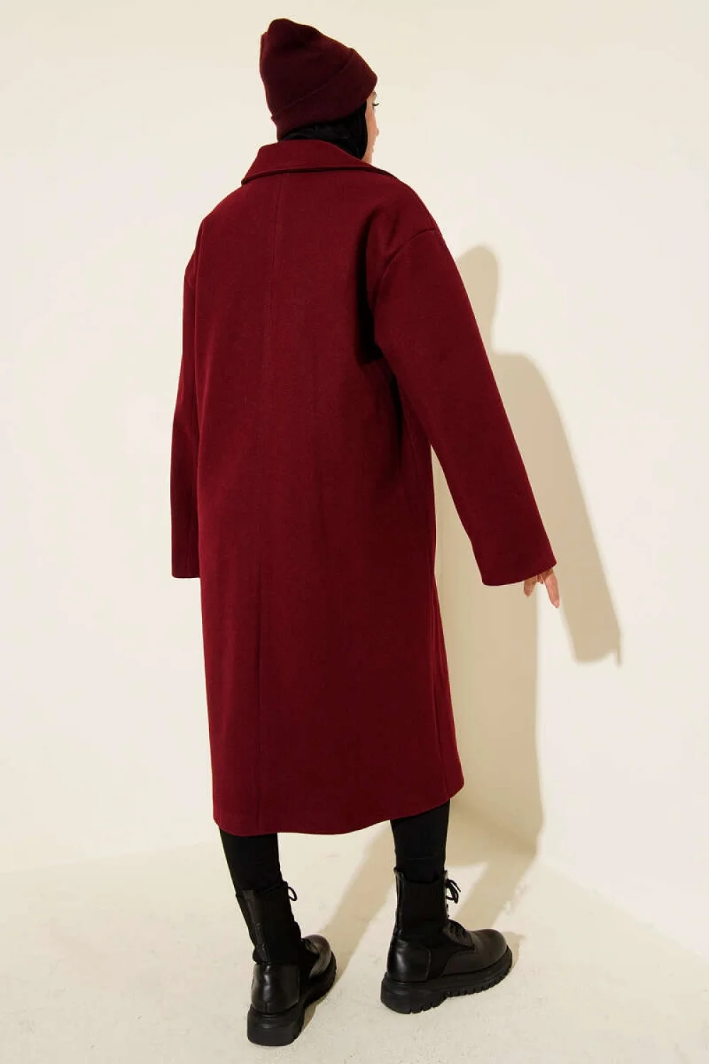 Bordo Premium Kruvaze Yaka Oversize Uzun Kaşe Kaban