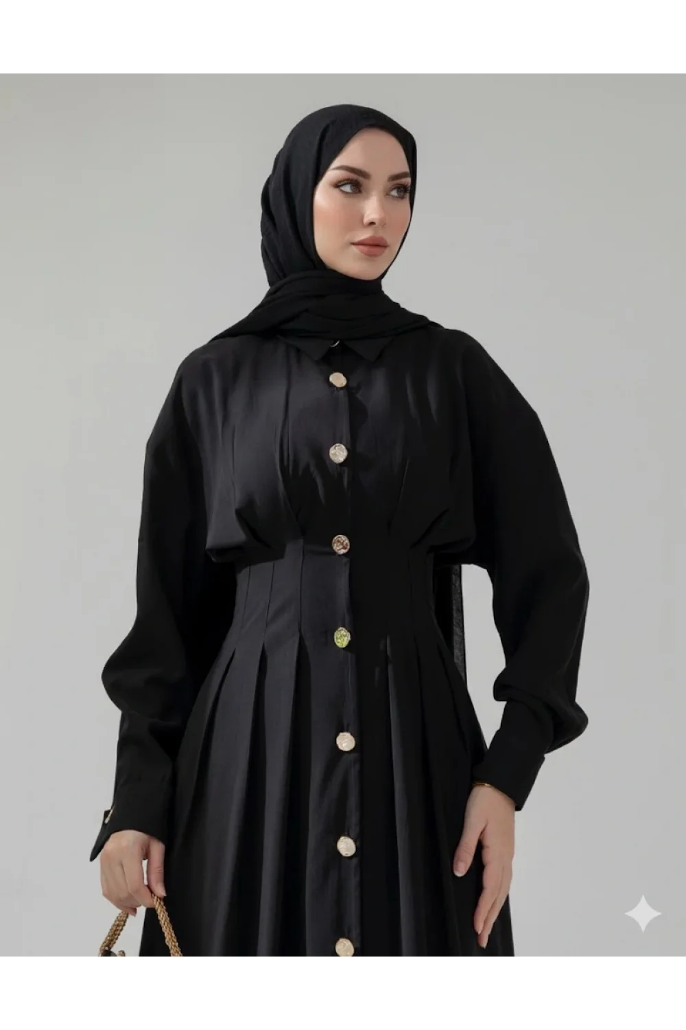 Düğme Detaylı Beli Büzgülü Tasarım Elbise