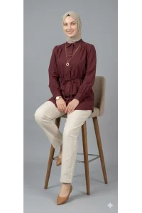 Kadın Bordo Belden Bağlamalı Düğmeli Tesettür Gömlek Tunik
