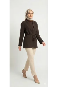 Yazgı Moda Kadın Koyu Kahve Beli Bağlamalı V Yaka Kruvaze Ceket