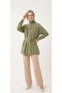 Yazgı Moda Kadın Haki Hakim Yaka Kuşaklı Tesettür Gömlek