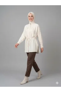 Yazgı Moda Kadın Ekru Hakim Yaka Kuşaklı Tesettür Gömlek