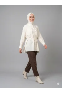 Yazgı Moda Kadın Ekru Hakim Yaka Kuşaklı Tesettür Gömlek