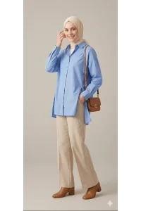 YAZGI MODA Kadın Mavi Çadır Kumaş Yanı Yırtmaçlı Uzun Gömlek Tunik