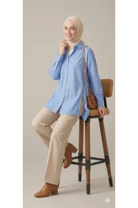 YAZGI MODA Kadın Mavi Çadır Kumaş Yanı Yırtmaçlı Uzun Gömlek Tunik