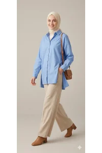 YAZGI MODA Kadın Mavi Çadır Kumaş Yanı Yırtmaçlı Uzun Gömlek Tunik