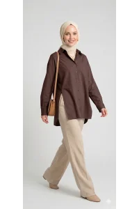 YAZGI MODA Kadın Kahve rengi Çadır Kumaş Yanı Yırtmaçlı Uzun Gömlek Tunik