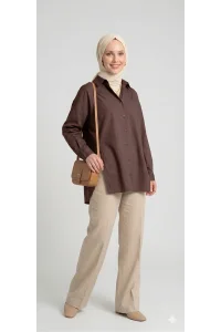 YAZGI MODA Kadın Kahve rengi Çadır Kumaş Yanı Yırtmaçlı Uzun Gömlek Tunik
