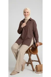 YAZGI MODA Kadın Kahve rengi Çadır Kumaş Yanı Yırtmaçlı Uzun Gömlek Tunik