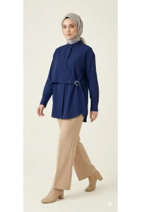 Yeni Sezon | Özel Tasarım Halka Detaylı Kruvaze Görünümlü Tunik - Lacivert