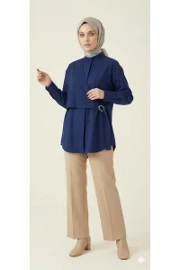 Yeni Sezon | Özel Tasarım Halka Detaylı Kruvaze Görünümlü Tunik - Lacivert