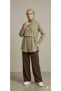 Yeni Sezon | Özel Tasarım Halka Detaylı Kruvaze Görünümlü Tunik - Çağla Yeşil