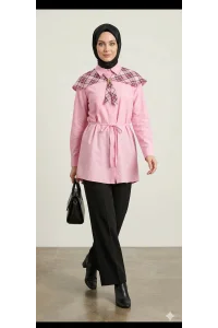 Ekose Pelerin Yaka Detaylı Kuşaklı Pembe Tunik Gömlek