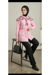 Ekose Pelerin Yaka Detaylı Kuşaklı Pembe Tunik Gömlek