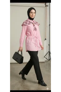 Ekose Pelerin Yaka Detaylı Kuşaklı Pembe Tunik Gömlek