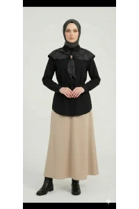 Ekose Pelerin Yaka Detaylı Kuşaklı Siyah Tunik Gömlek
