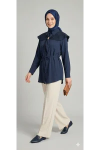 Ekose Pelerin Yaka Detaylı Kuşaklı Lacivert Tunik Gömlek