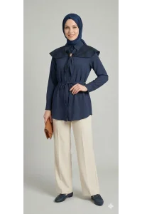 Ekose Pelerin Yaka Detaylı Kuşaklı Lacivert Tunik Gömlek