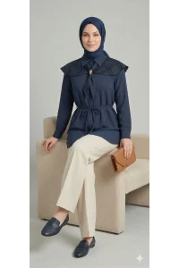 Ekose Pelerin Yaka Detaylı Kuşaklı Lacivert Tunik Gömlek