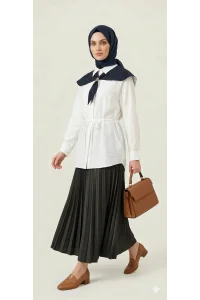 Ekose Pelerin Yaka Detaylı Kuşaklı Beyaz Tunik Gömlek