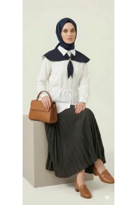 Ekose Pelerin Yaka Detaylı Kuşaklı Beyaz Tunik Gömlek