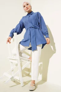 Kendinden Geniş Kuşaklı Gömlek İndigo