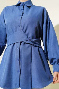 Kendinden Geniş Kuşaklı Gömlek İndigo