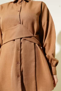 Kendinden Geniş Kuşaklı Gömlek Kahve