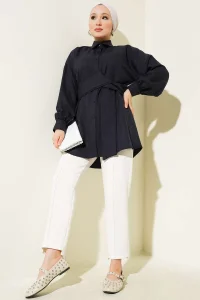 Kendinden Geniş Kuşaklı Gömlek Lacivert