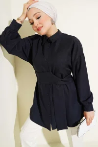 Kendinden Geniş Kuşaklı Gömlek Lacivert