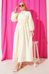 Önü Nervürlü İp Kuşaklı Elbise Lime