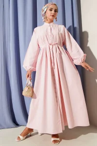 Önü Nervürlü İp Kuşaklı Elbise Pembe