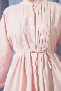 Önü Nervürlü İp Kuşaklı Elbise Pembe