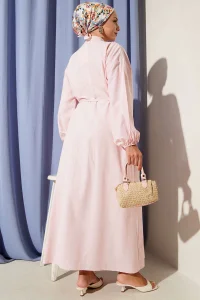 Önü Nervürlü İp Kuşaklı Elbise Pembe