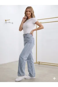 Yüksek Bel Dikiş Detaylı Geniş Kesim Kot Pantolon Buz Mavisi