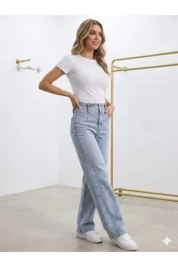 Yüksek Bel Dikiş Detaylı Geniş Kesim Kot Pantolon Buz Mavisi