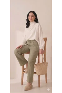 Yazgı Moda Kadın Haki Beli Lastikli Rahat Kalıp Keten Pantolon