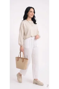 Yazgı Moda Kadın Beyaz Beli Lastikli Rahat Kalıp Keten Pantolon
