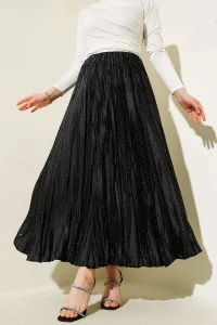 YAZGI MODA Mini Taşlı Pileli Saten Etek Siyah