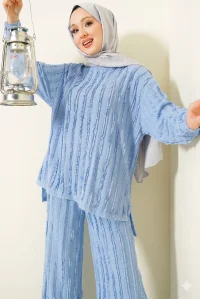 Şerit Fırfırlı Tunik İkili Takım Bebe Mavisi