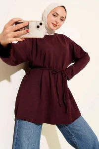 Bisiklet Yaka İp Kuşaklı Tunik Bordo