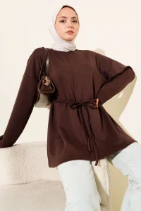 Bisiklet Yaka İp Kuşaklı Tunik Kahve