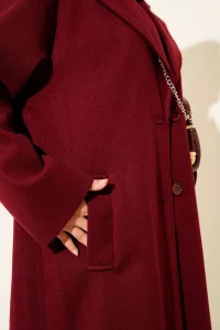 Bordo Premium Kruvaze Yaka Oversize Uzun Kaşe Kaban
