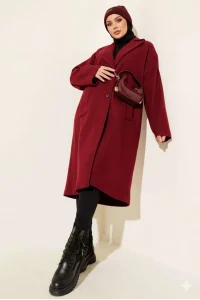 Bordo Premium Kruvaze Yaka Oversize Uzun Kaşe Kaban