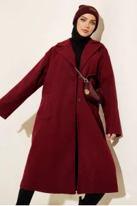 Bordo Premium Kruvaze Yaka Oversize Uzun Kaşe Kaban