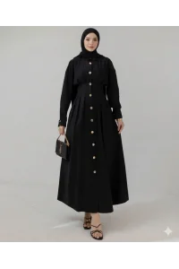 Düğme Detaylı Beli Büzgülü Tasarım Elbise