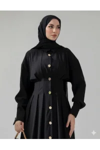 Düğme Detaylı Beli Büzgülü Tasarım Elbise