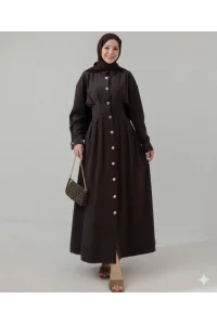 Düğme Detaylı Beli Büzgülü Tasarım Elbise