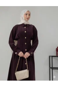 Düğme Detaylı Beli Büzgülü Tasarım Elbise